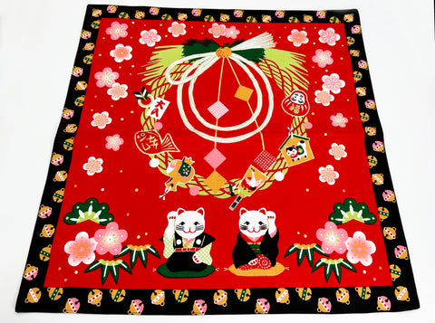 Maneki Neko Beckoning Cat ans Sakura design Red/Black Furoshiki traditional Japanese wrapping cloths made in Japan