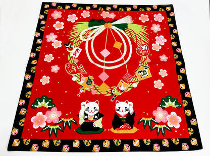 Santuário japonês e Monte Fuji com coelhos para o ano novo Furoshiki, panos de embrulho tradicionais japoneses feitos no Japão