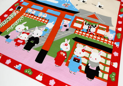 Japanese shrine and Mt. Fuji with Rabbits Furoshiki traditional Japanese wrapping cloths made in Japan