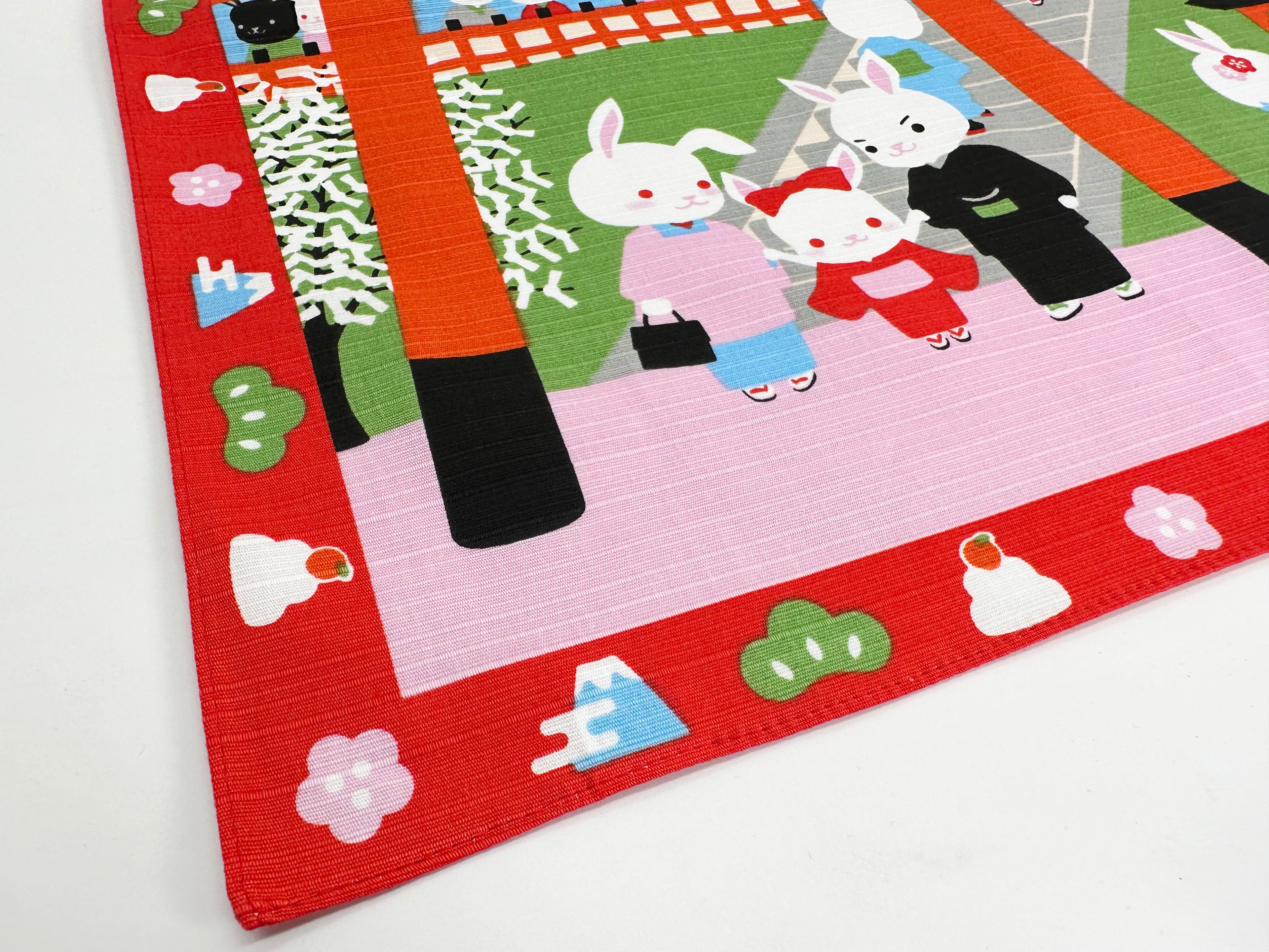 Japanese shrine and Mt. Fuji with Rabbits Furoshiki traditional Japanese wrapping cloths made in Japan