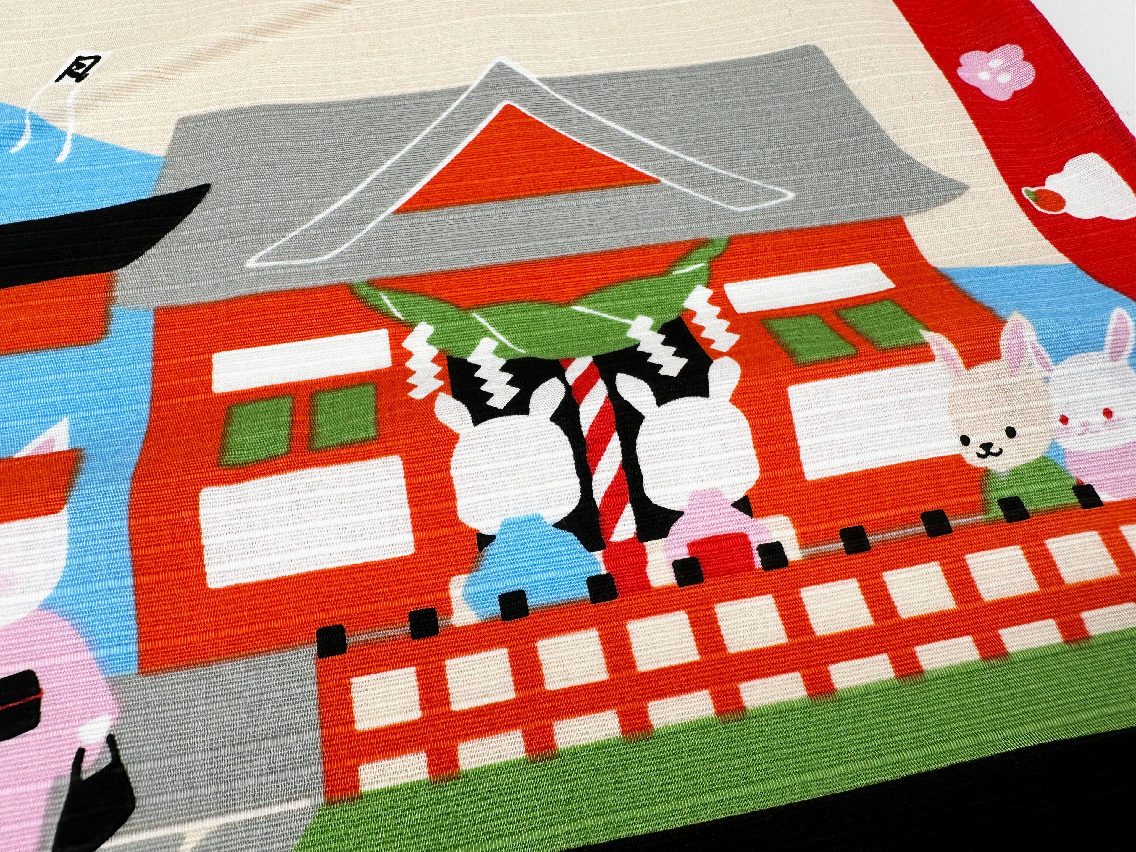 Japanese shrine and Mt. Fuji with Rabbits Furoshiki traditional Japanese wrapping cloths made in Japan
